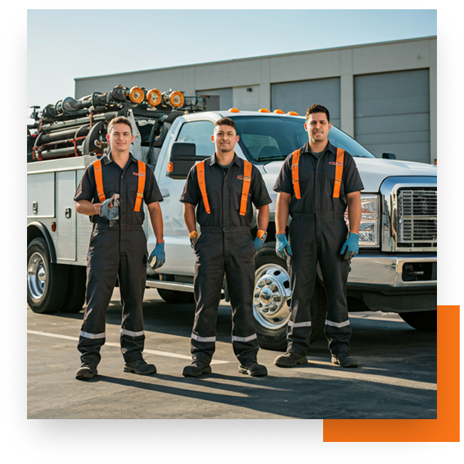 Commercial grease management technicians standing in front of a service truck ready to provide grease trap cleaning, hydro jet plumbing, and restaurant maintenance services.